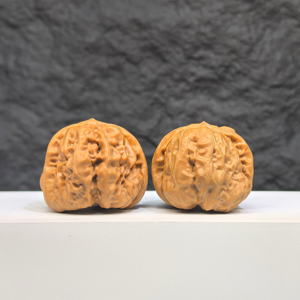 Pair of Toad Head Wenwan Walnuts from Wenwan Art, 37mm x 35mm, featuring detailed natural walnut carvings.