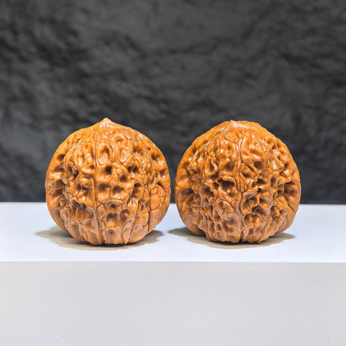 Pair of ZenWenwan Classic Scholar Wenwan walnuts, hand-matched, 35.0mm x 36.0mm, showcasing detailed natural walnut textures.