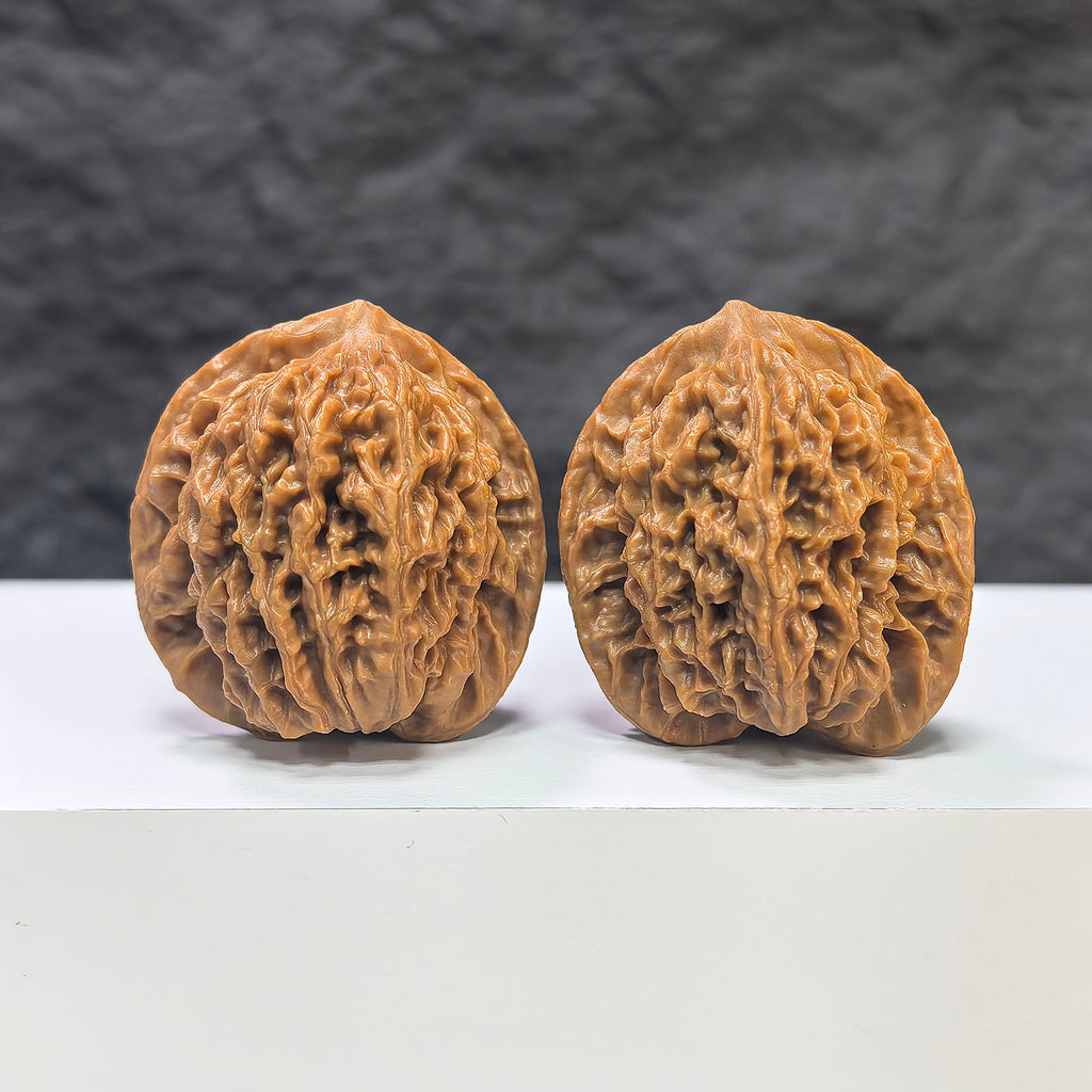 Pair of Panlong Texture Wenwan walnuts from Wenwan Art, featuring detailed natural wood grain patterns, measuring 34mm x 31mm.
