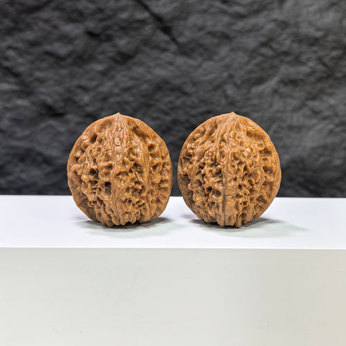 Pair of Golden Kylin Wenwan walnuts from Wenwan Art, featuring natural golden-colored walnut shells, 36mm x 34mm.