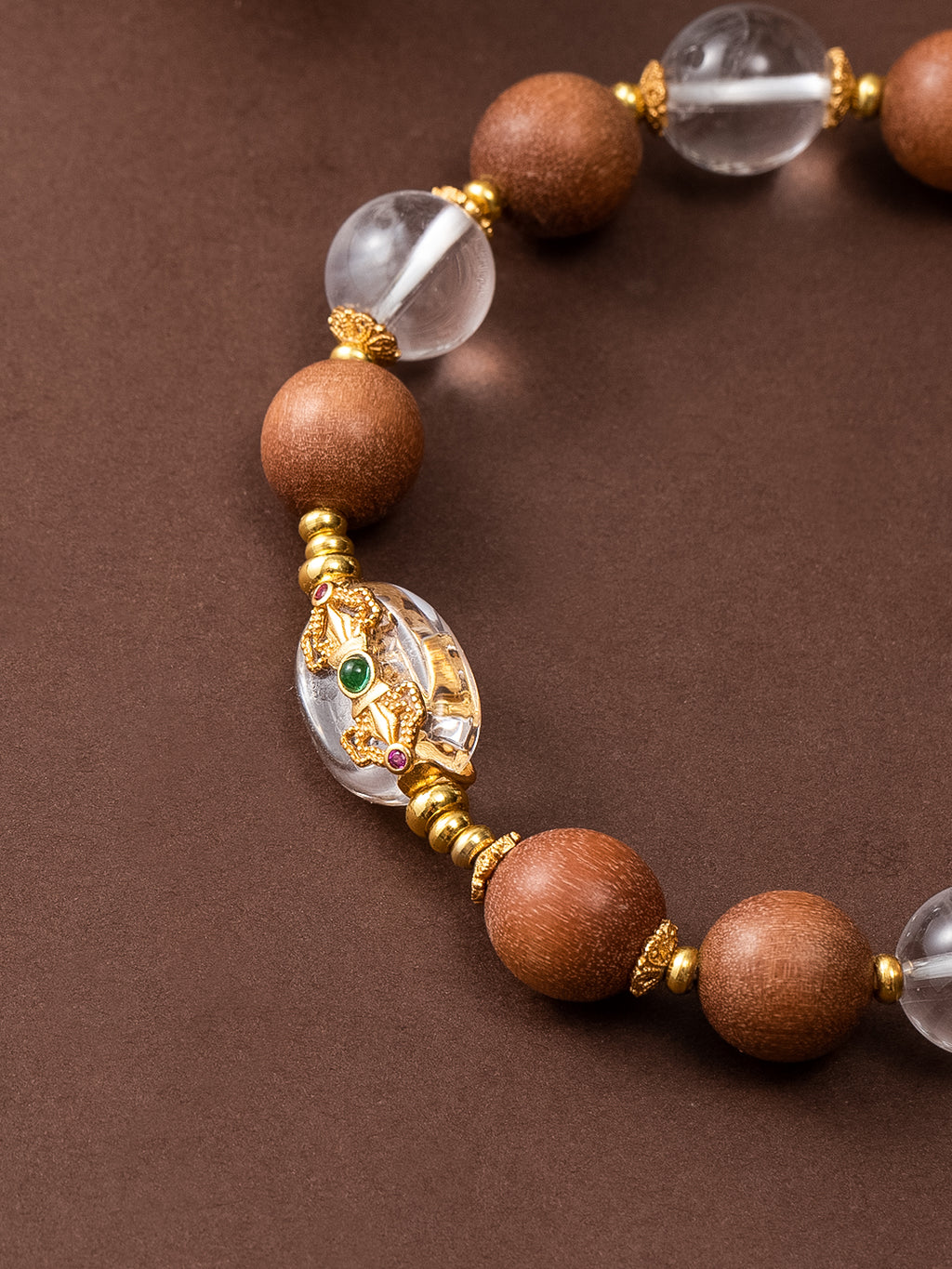 Sandalwood and clear quartz Vajra bracelet with 10mm beads, featuring natural wood and gemstone beads, traditional blessing jewelry.