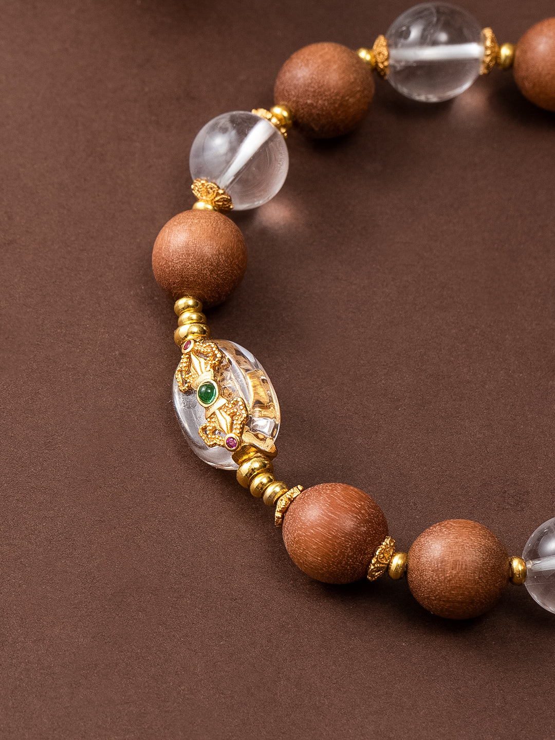 Sandalwood and clear quartz Vajra bracelet with 10mm beads, featuring natural wood and gemstone beads, traditional blessing jewelry.