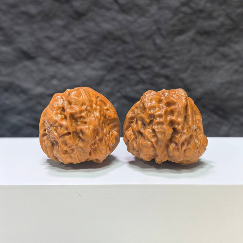Pair of Classic Scholar Wenwan Walnuts by Wenwan Art, hand-matched crystal frog carvings, 36mm by 42mm, detailed and polished.