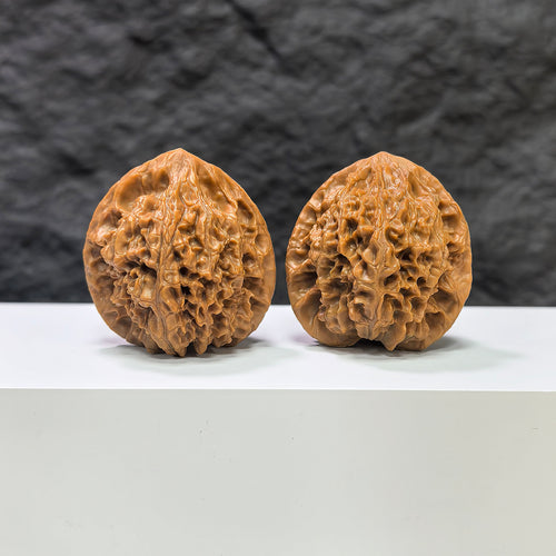 Pair of Golden Kylin Wenwan walnuts from Wenwan Art, 40mm x 38mm, showcasing detailed natural walnut carvings and golden accents.