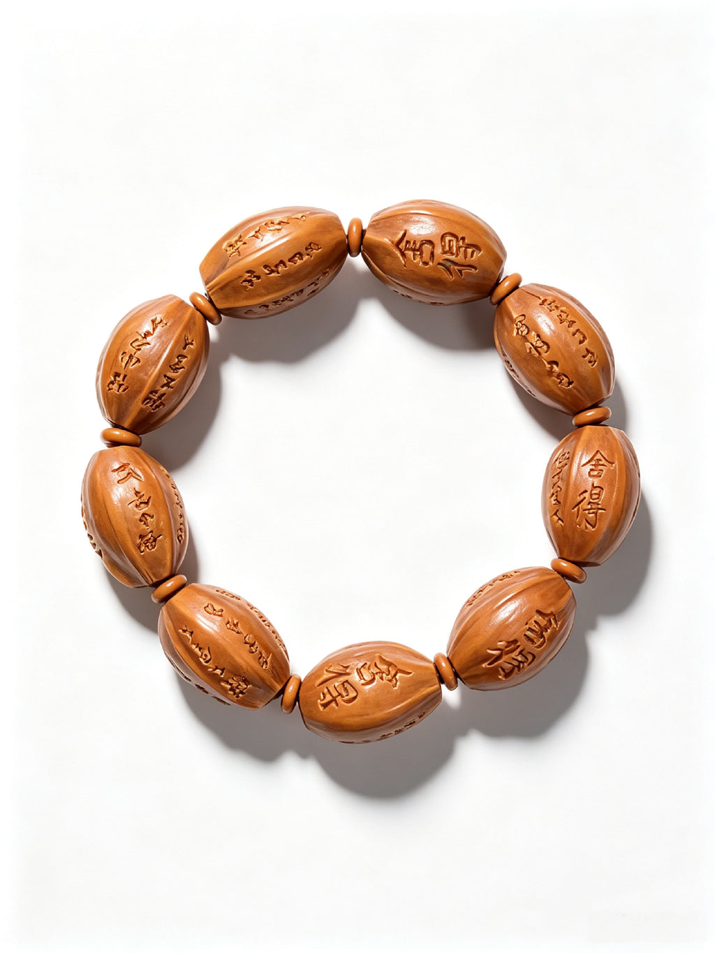 Carved olive pit calligraphy bracelet featuring "She De" characters, 15.5mm beads, by ZenWenwan, with intricate bead details.