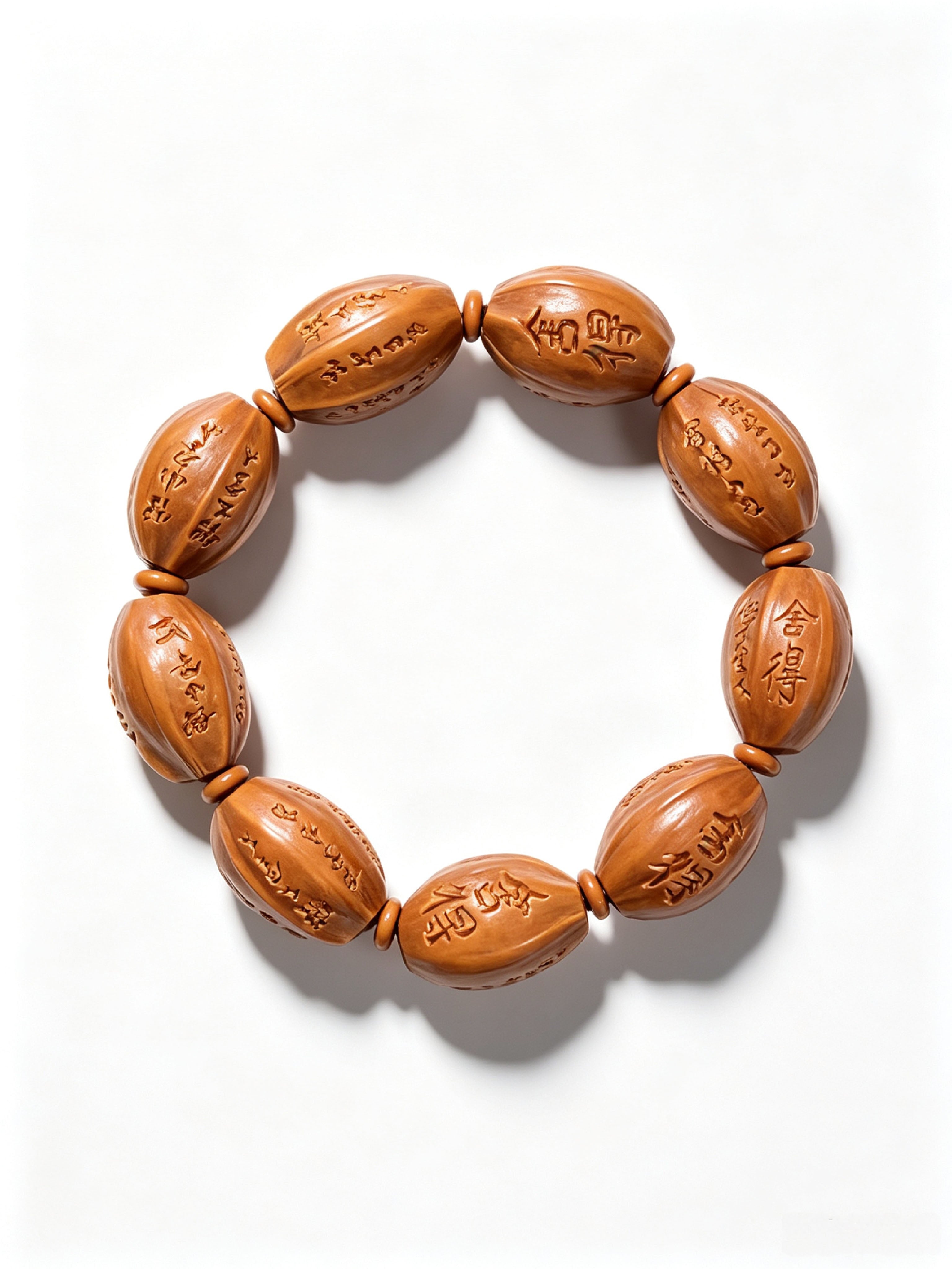 Carved olive pit calligraphy bracelet featuring "She De" characters, 15.5mm beads, by ZenWenwan, with intricate bead details.