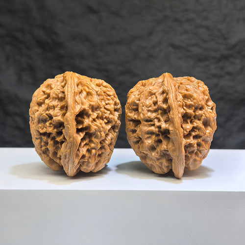 Pair of Classic Scholar Wenwan Walnuts by Wenwan Art, hand-matched, showing detailed natural wood grain and smooth polished surfaces.