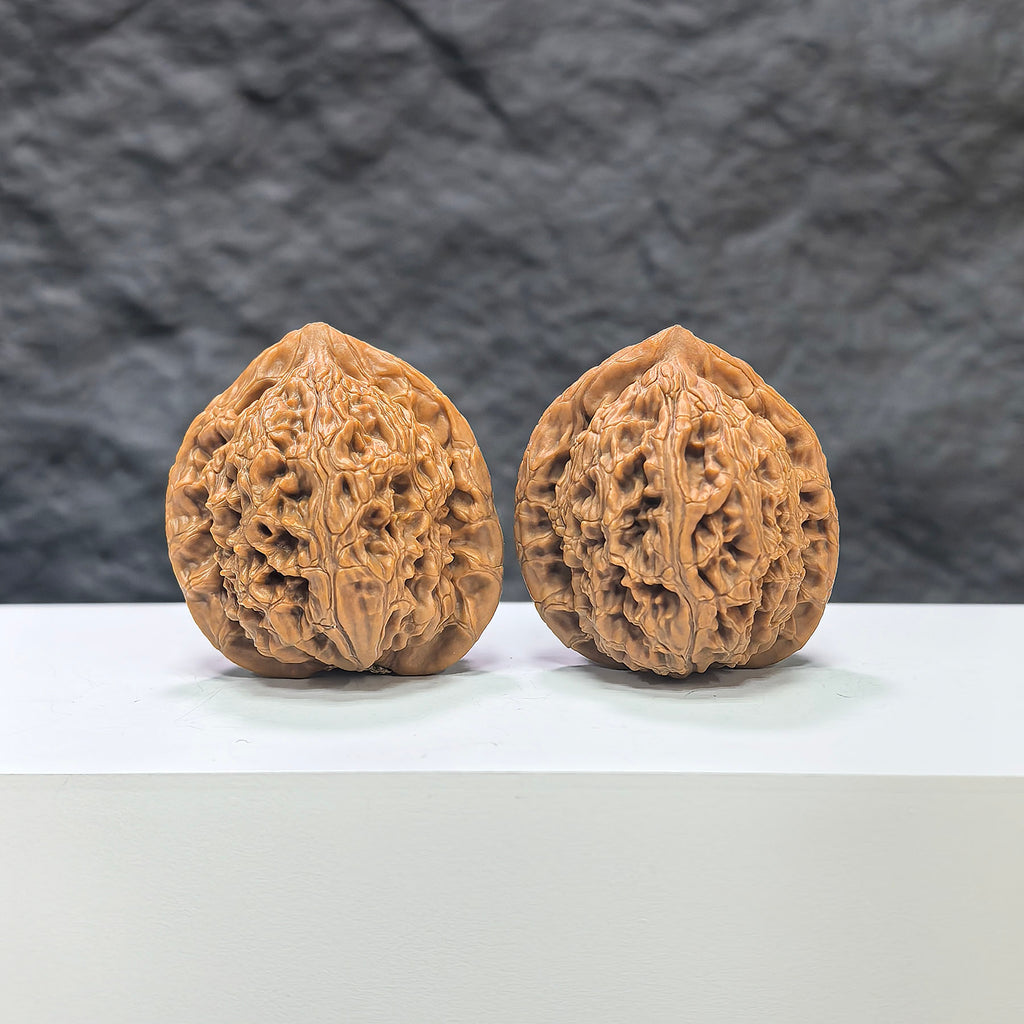 Pair of Water Dragon Texture Wenwan walnuts by Wenwan Art, featuring detailed water dragon pattern, 37mm size, natural wood finish.