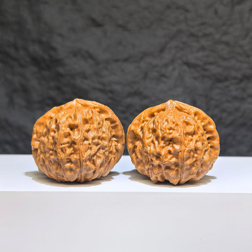Pair of ZenWenwan Classic Scholar Wenwan walnuts, hand-matched with smooth surface, 42mm x 44mm, traditional 南瓜墩 style.