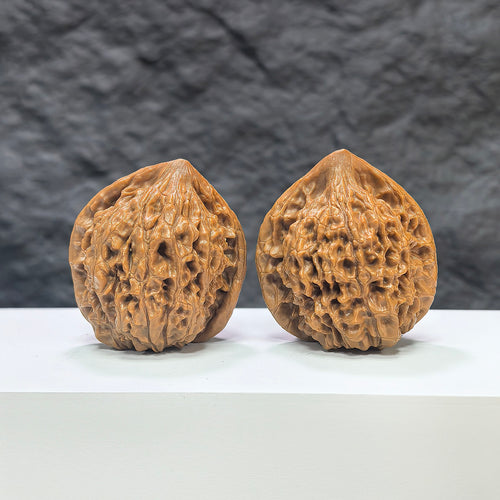 Pair of large Wenwan Art official Wenwan walnuts, 40mm x 36mm, showcasing the smooth, polished surface and natural walnut color.