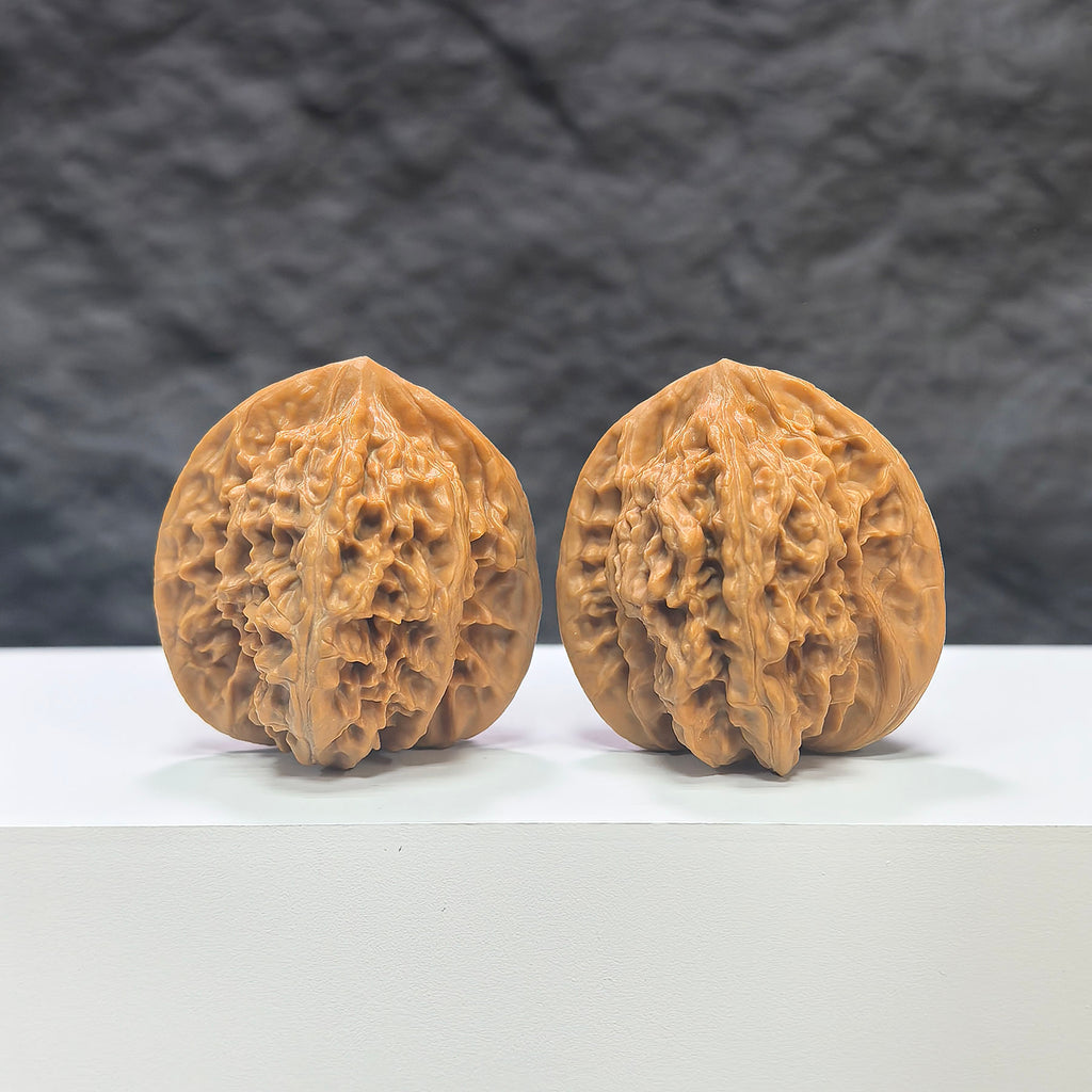 Pair of Xiayunling Classic Wenwan Walnuts from Wenwan Art, 38mm size, featuring smooth, polished natural walnut shells.