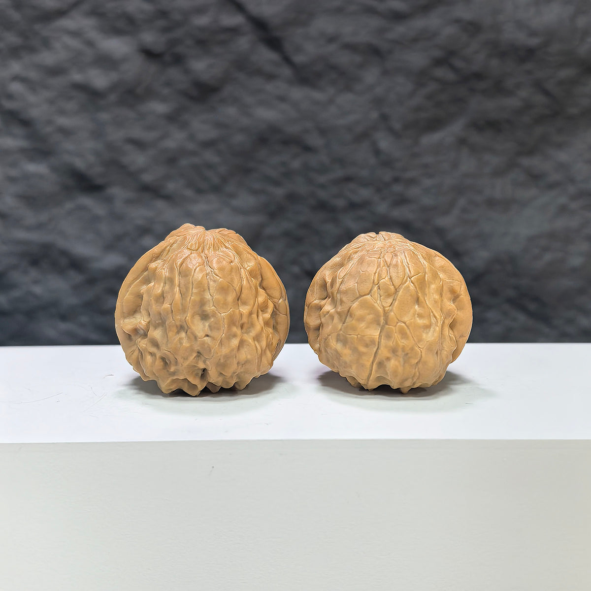 Wenwan Art Golden Toad Vessel Pocket miniature Wenwan walnut pair, detailed carvings, 34mm x 37mm, collectible art piece.