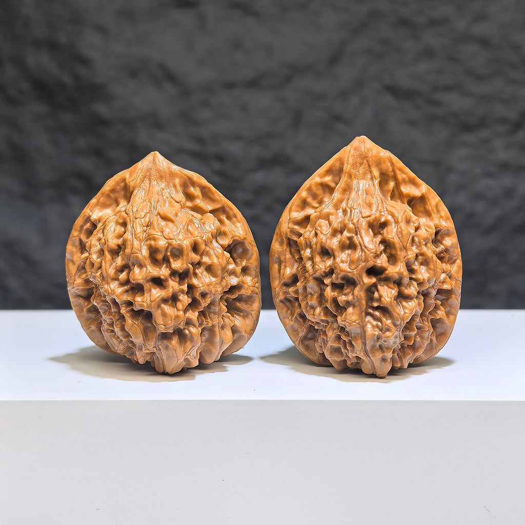 Small Wenwan Art official hat miniature walnut pair, 34mm x 33mm, detailed carved Wenwan walnuts for collection or display.