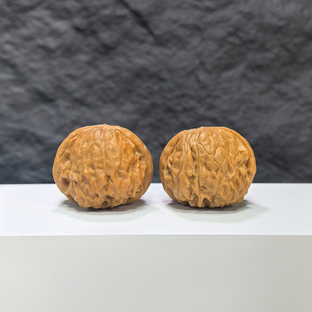 Golden Toad Vessel and Heaven Devouring Beast Wenwan walnuts pair, 36x37mm, crafted by Wenwan Art, featuring intricate carved details.