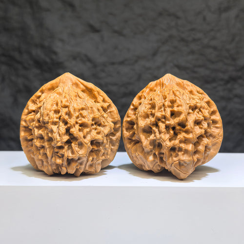 Pair of ZenWenwan Classic Scholar Wenwan walnuts with 麒麟紋 pattern, 49mm x 43mm, showcasing hand-matched craftsmanship.