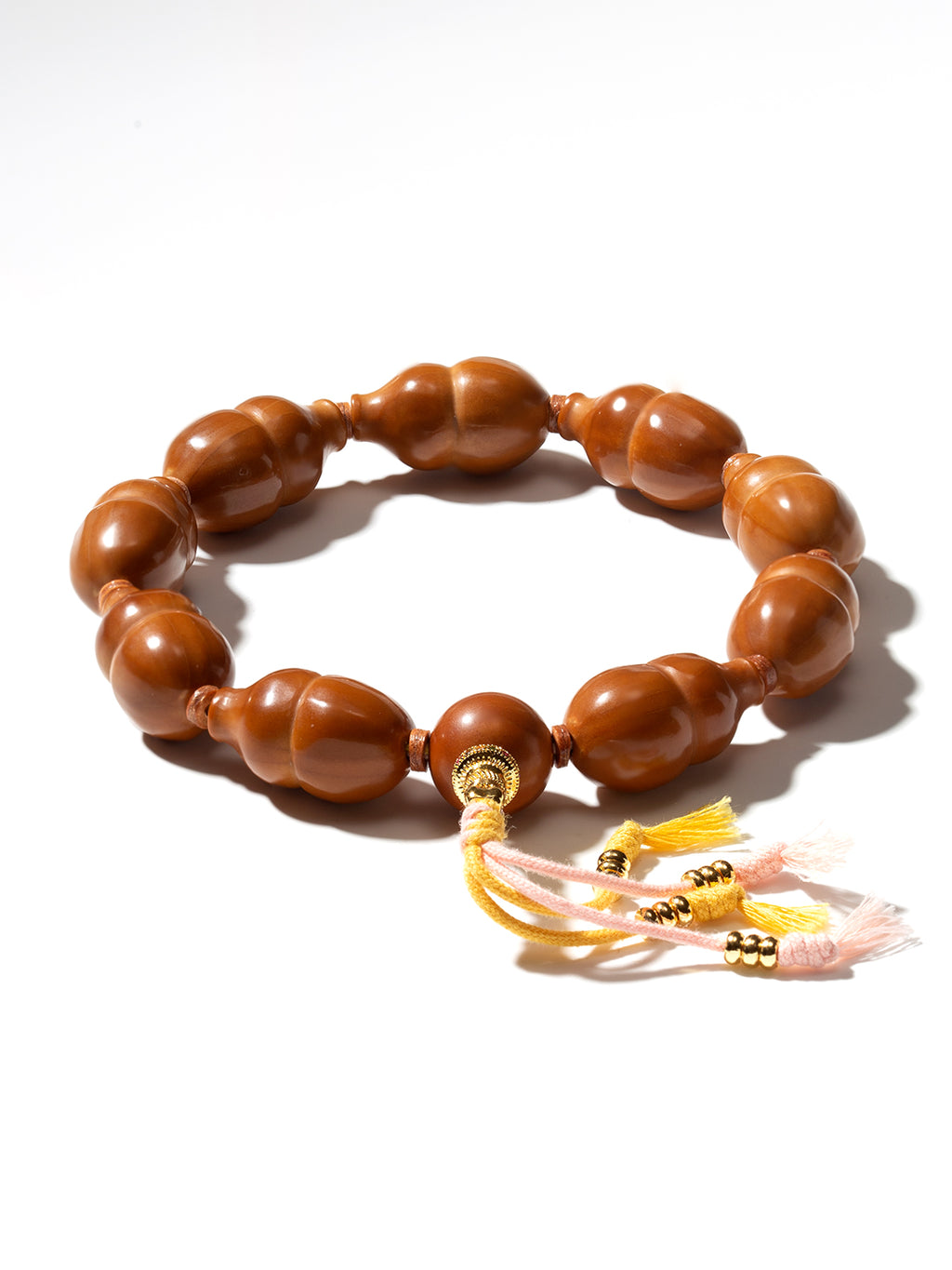 [Zen Collection] Carved Olive Pit Bracelet - Smooth "Double Gourd" Blessing Motif (Jeweled Guru Bead & Pastel Tassel) | 精工橄欖核雕手串「寶葫蘆 / 福祿延綿」 溫潤素雅文玩手串