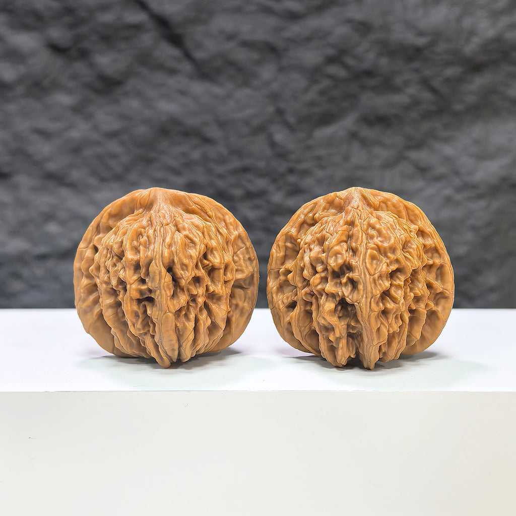 Pair of Sizuolou Wenwan Walnuts by Wenwan Art, 39mm x 37mm, showcasing detailed carved walnut art on a neutral background.