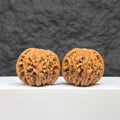 Red Shell Millstone Wenwan Walnut pair by Wenwan Art, 42mm x 38mm, featuring vibrant red shells and intricate carvings.
