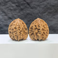 Pair of Xiayunling Classic Wenwan Walnuts from Wenwan Art, 37mm x 35mm, featuring intricate natural wood grain patterns.