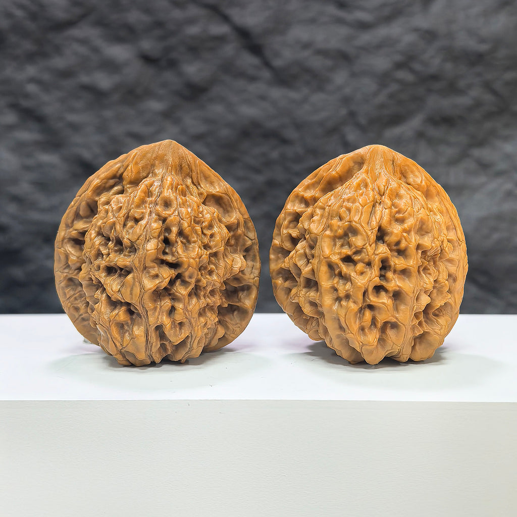 Official Wenwan Art Hat-shaped Walnut pair, classic Wenwan Walnuts with detailed carvings, 44mm x 41mm, GM-1O4.