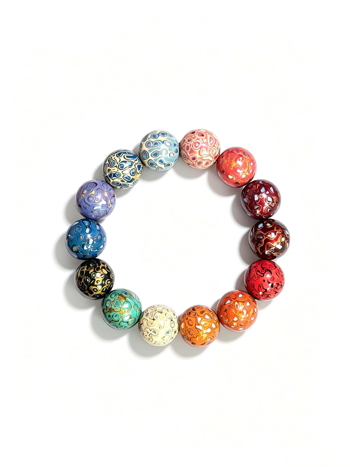 Colorful Chinese Urushi lacquer treasure bracelet with 15mm beads, featuring intricate multi-color designs and a certificate of authenticity.