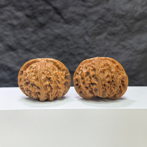 Pair of Classic Scholar Wenwan Walnuts by Wenwan Art, hand-matched with 43mm and 38mm sizes, shown in natural close-up.