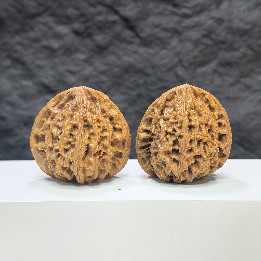Pair of "Classic Scholar" Wenwan Walnuts by Wenwan Art, hand-matched with peach heart and tiger head design, 44mm x 42mm.