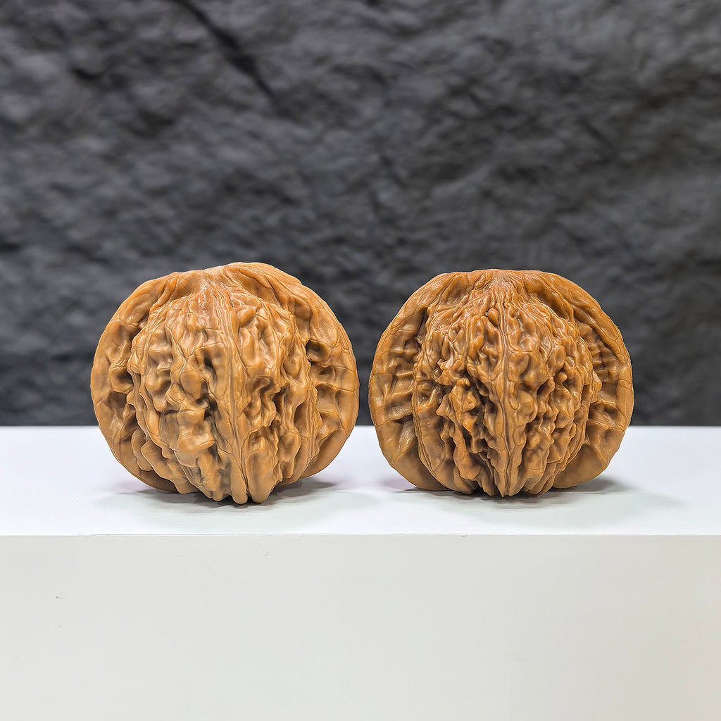 Pair of Sizuolou Classic Wenwan Walnuts from Wenwan Art, 41mm x 39mm, featuring natural walnut textures and smooth polished surfaces.