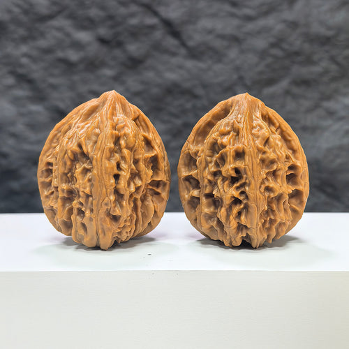 Pair of Classic Scholar Wenwan walnuts by Wenwan Art, hand-matched Beijing Chicken Heart style, 42mm x 40mm, detailed wood grain.