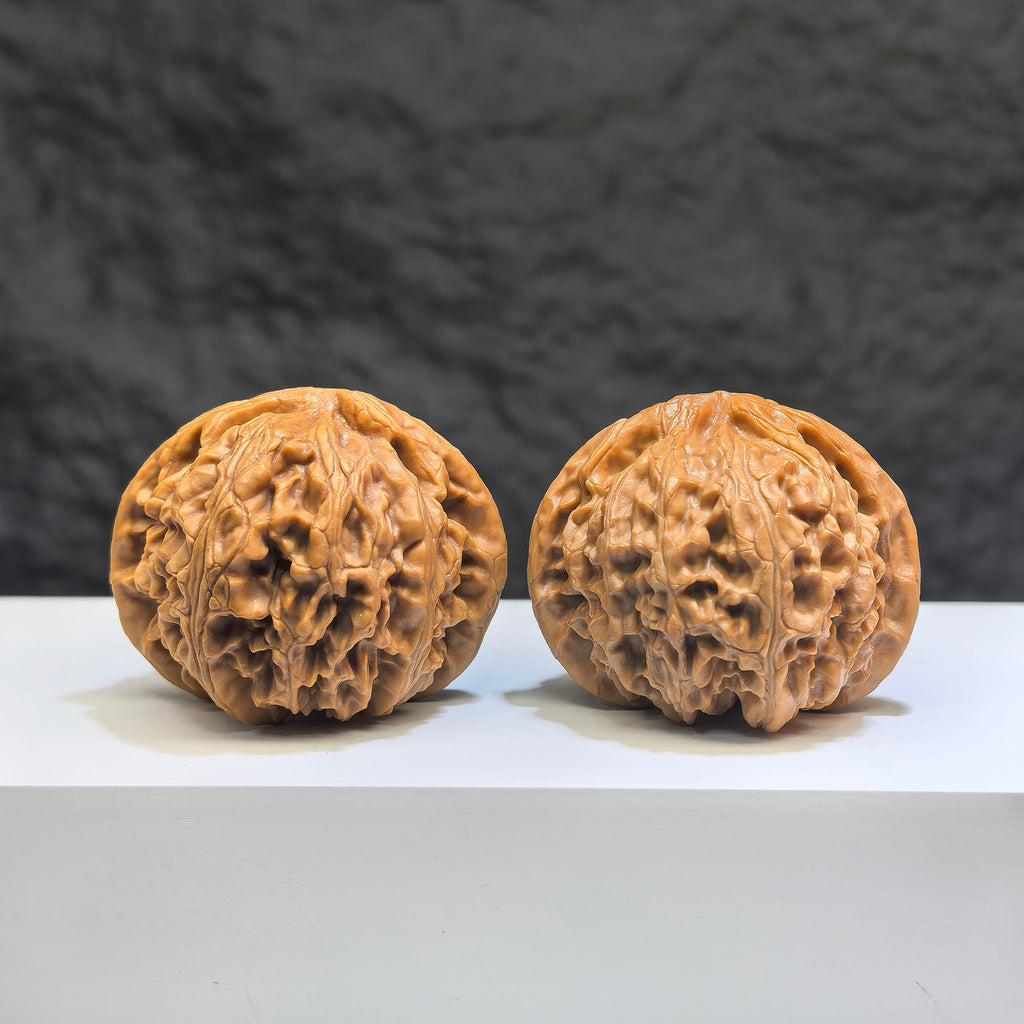 Pair of Classic Scholar Wenwan Walnuts from Wenwan Art, hand-matched with spherical 球形宮燈 design, 41mm x 38mm.