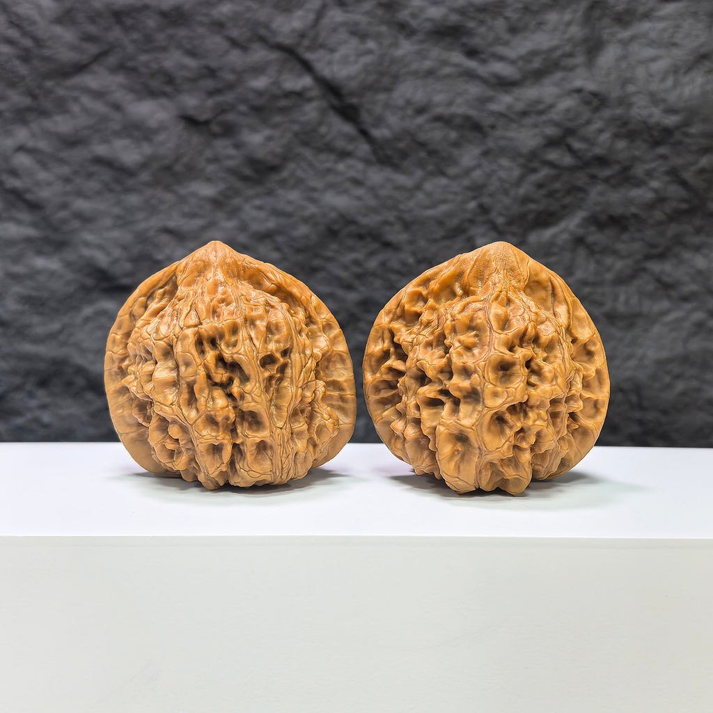 Pair of large Wenwan Art official Wenwan walnuts with smooth, polished surface and natural wood grain, measuring 47mm by 42mm.