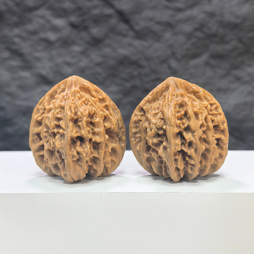Pair of Xiayunling Peach Heart Concave Base Wenwan walnuts from Wenwan Art, showing deep-base design and natural walnut texture.
