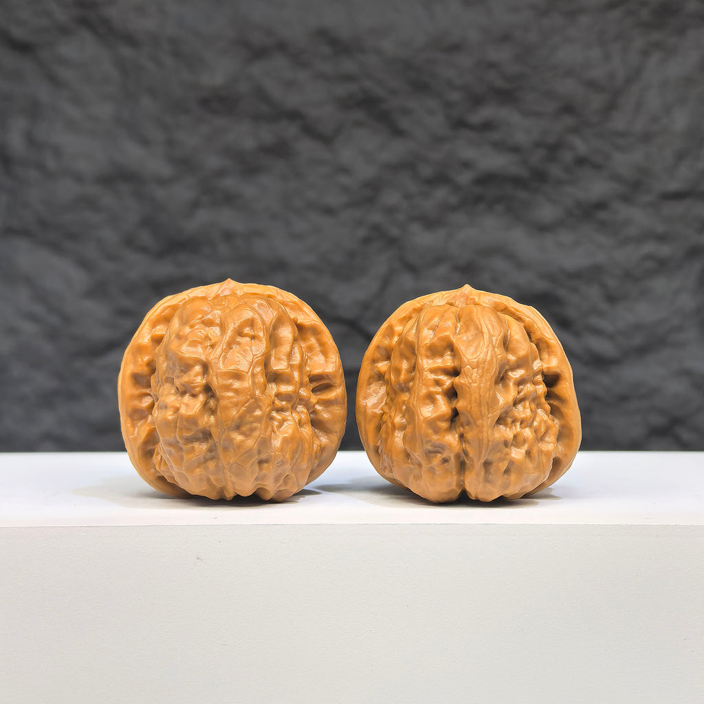 Pair of Toad Crystal Frog Wenwan Walnut carvings by Wenwan Art, 32mm x 36mm, featuring detailed toad and frog crystal figures.