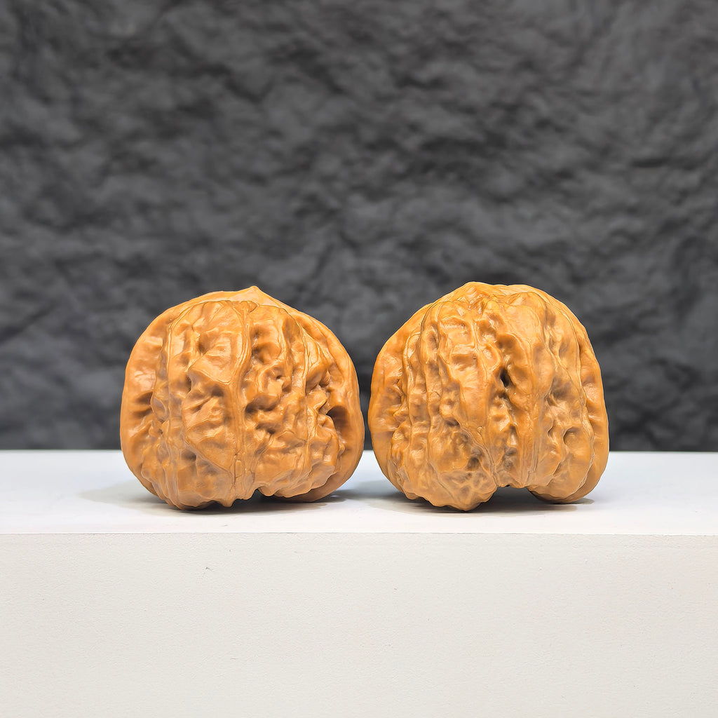 Pair of Toad Crystal Frog Wenwan Walnut carvings from Wenwan Art, featuring detailed green crystal frogs measuring 32x34mm.