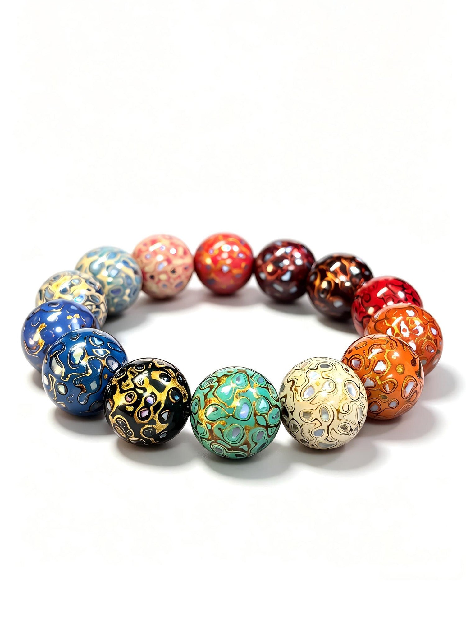 Colorful Chinese Urushi lacquer treasure bracelet with 15mm beads, featuring traditional multi-color design and blessing symbols.