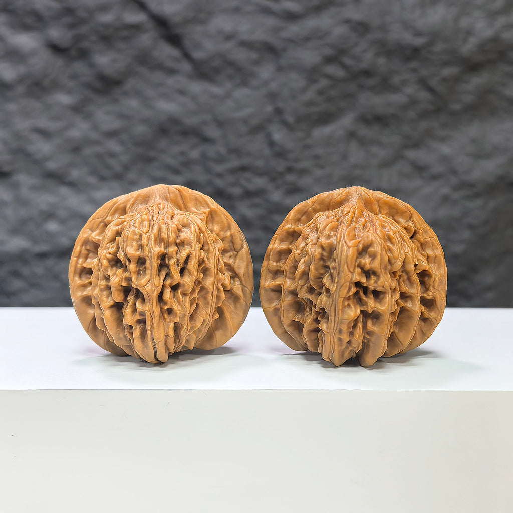 Pair of Sizuolou Classic Wenwan Walnuts from Wenwan Art, 39mm x 37mm, showcasing detailed carvings and smooth polished surfaces.