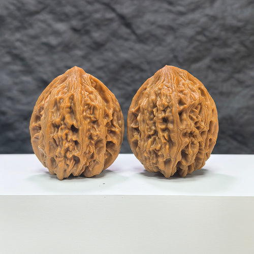 Pair of Classic Scholar Wenwan Walnuts by Wenwan Art, hand-matched Beijing chicken heart walnuts, 42mm x 40mm.
