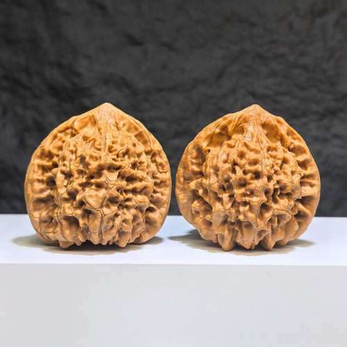 Pair of ZenWenwan Classic Scholar Wenwan walnuts with 麒麟紋 pattern, 49mm x 43mm, showing detailed carved surface.