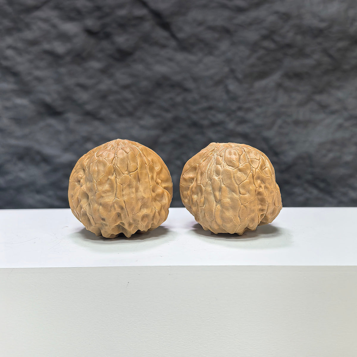 Pair of Golden Toad Vessel Pocket Wenwan Walnuts by Wenwan Art, miniature 34mm x 37mm, featuring detailed toad and walnut carvings.