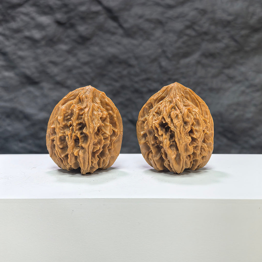 Pair of Tongtian Eight Wenwan walnuts from Wenwan Art, 33mm size, showcasing polished natural walnut surface and intricate patterns.