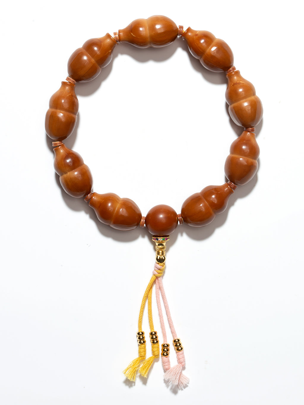 [Zen Collection] Carved Olive Pit Bracelet - Smooth "Double Gourd" Blessing Motif (Jeweled Guru Bead & Pastel Tassel) | 精工橄欖核雕手串「寶葫蘆 / 福祿延綿」 溫潤素雅文玩手串