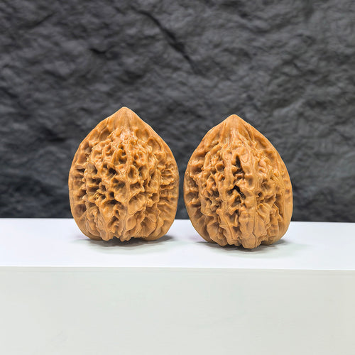 Official Wenwan Art hat-shaped walnut pair, 39mm x 36mm, featuring classic design and natural wood grain details.