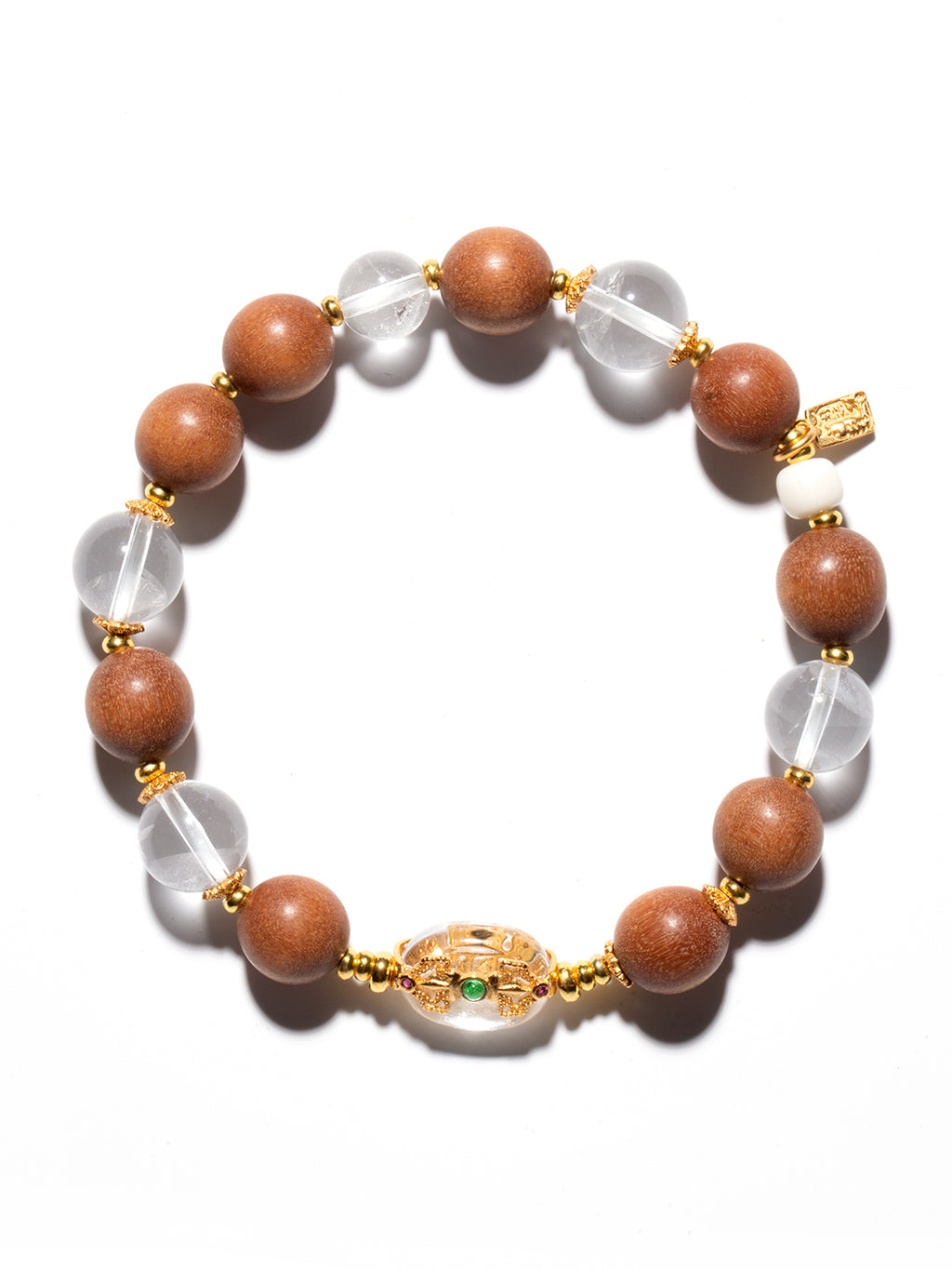 ZenWenwan sandalwood and clear quartz vajra bracelet with 10mm beads, featuring natural wooden and crystal elements.