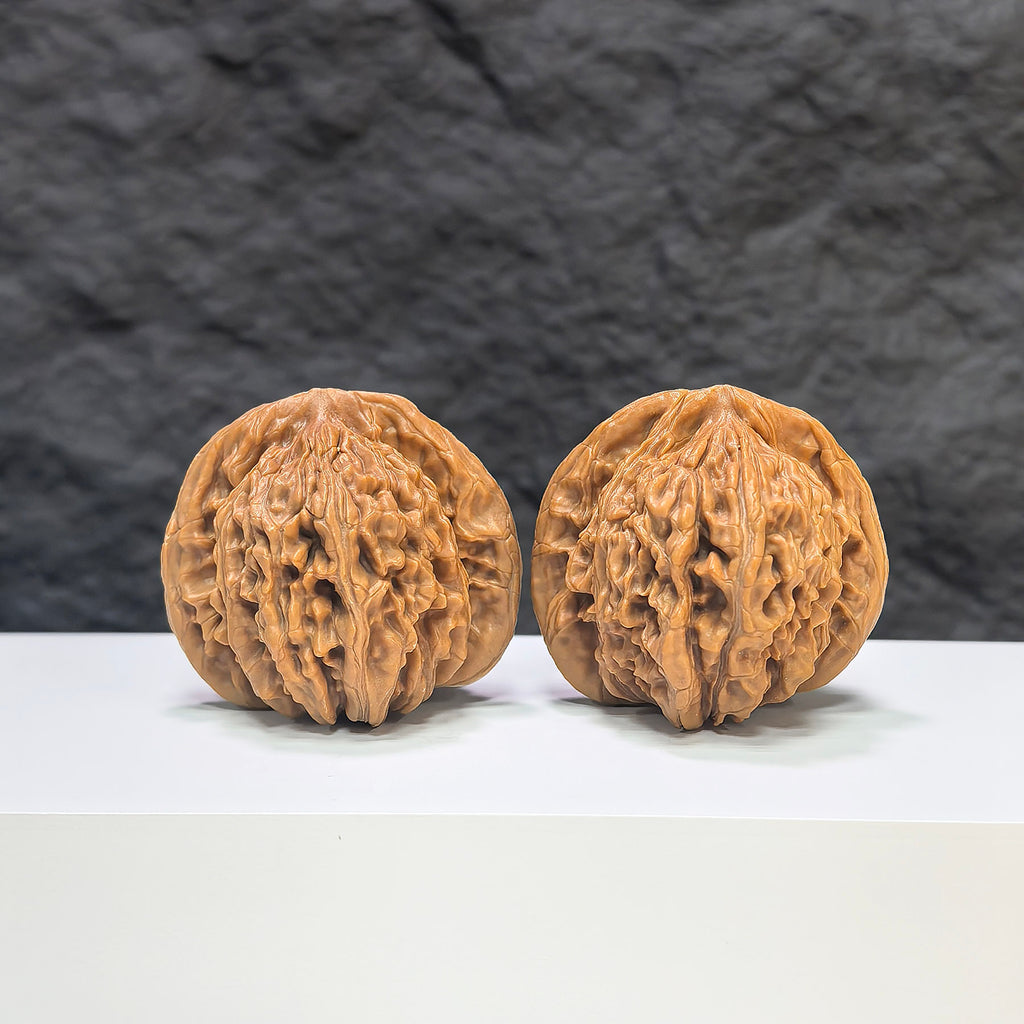 Pair of Sizuolou Classic Wenwan walnuts by Wenwan Art, 41mm x 42mm, showcasing smooth, polished walnut carvings.
