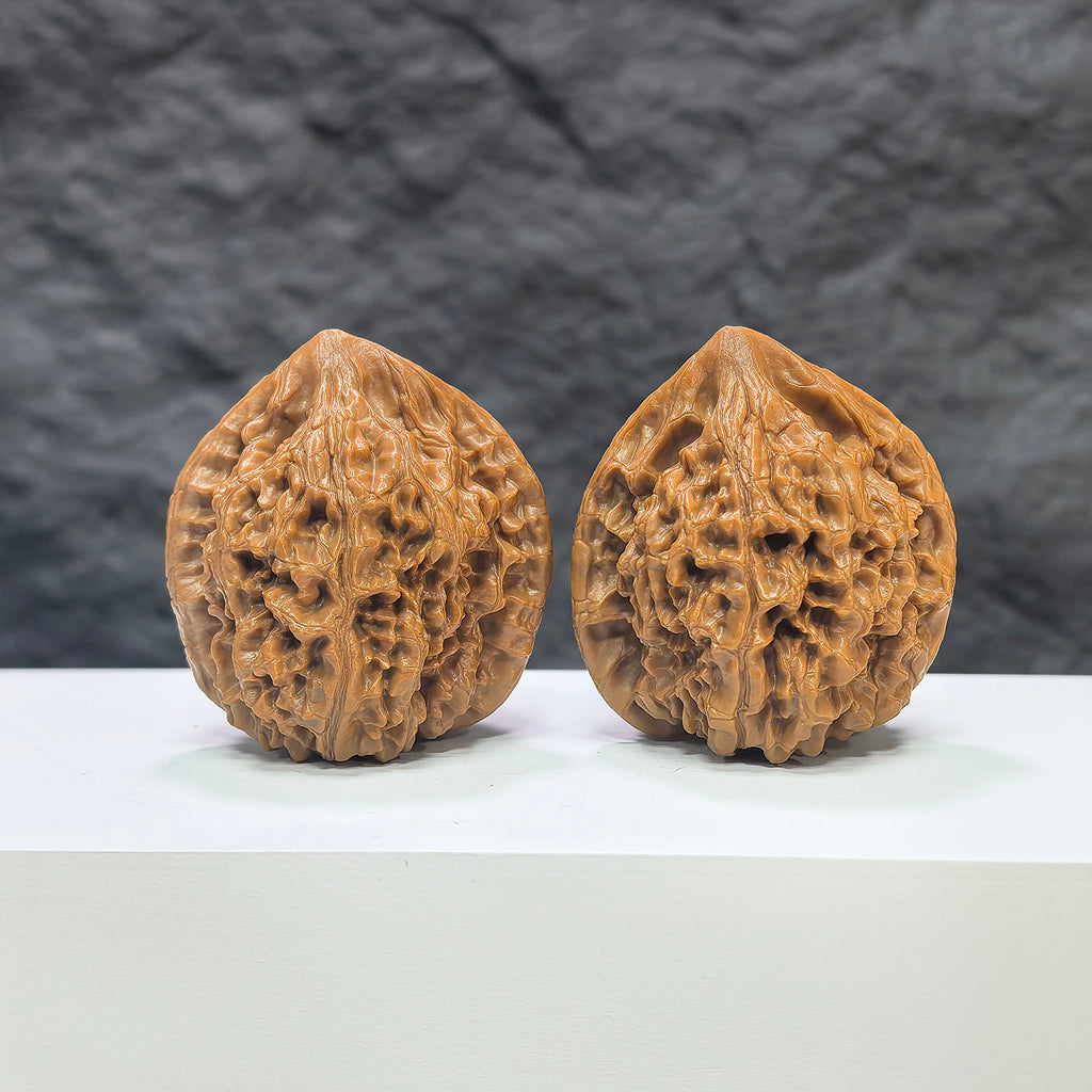Pair of large Wenwan Art official Wenwan walnuts, 40mm, with smooth, polished walnut shells and natural wood texture.