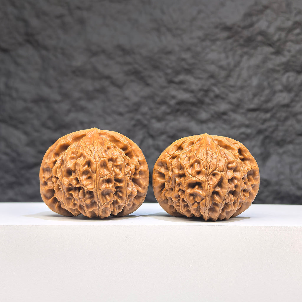 Pair of Palace Lantern Wenwan Walnuts from Wenwan Art, 41mm x 37mm, featuring intricate carvings and traditional design.