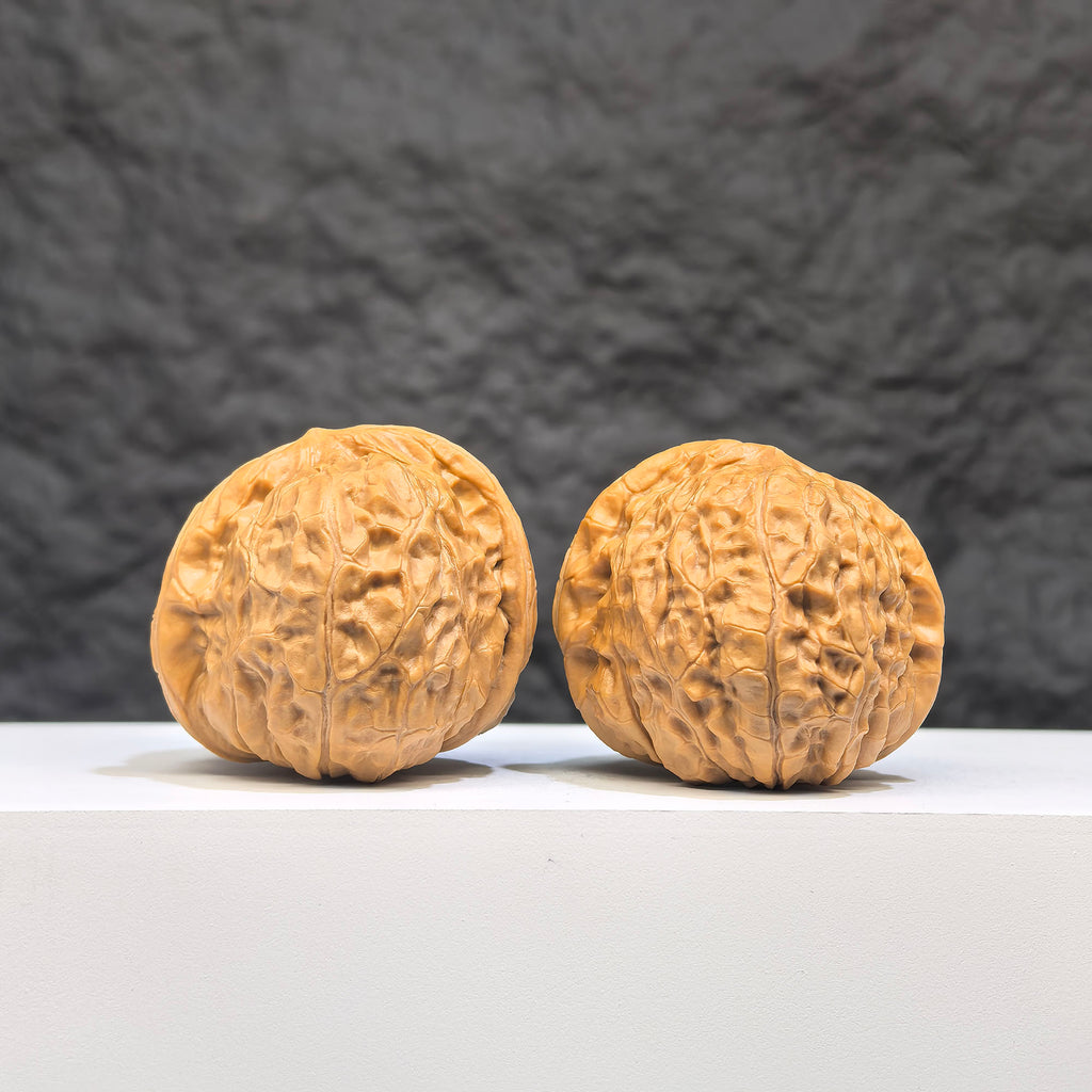 Pair of Small Pumpkin Pier Wenwan walnuts from Wenwan Art, 39mm x 42mm, showcasing detailed miniature walnut carvings.