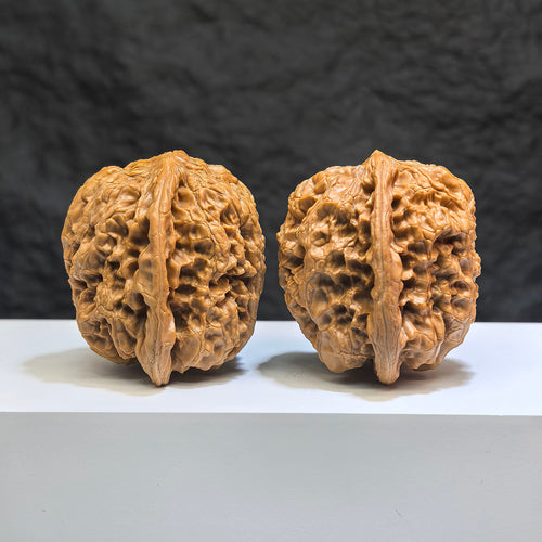 Pair of Classic Scholar Wenwan Walnuts from Wenwan Art, hand-matched with 44mm x 42mm size, featuring detailed carved patterns.