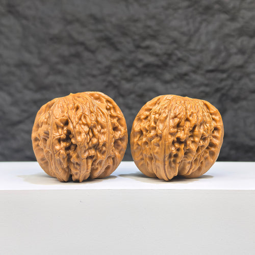 Pair of Butterfly Millstone Wenwan Walnuts by Wenwan Art, featuring intricate butterfly carvings, 38mm x 37mm natural walnut stones.