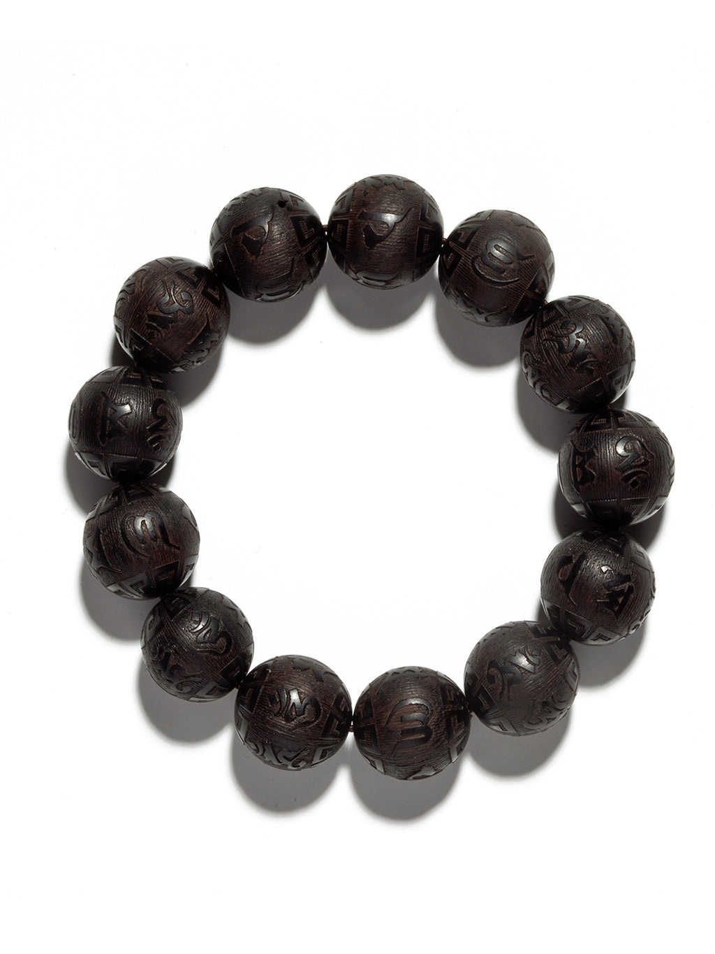 Carved ebony wood Om Mani Padme Hum bracelet with 16mm beads, featuring intricate Buddhist mantra carvings, by ZenWenwan.
